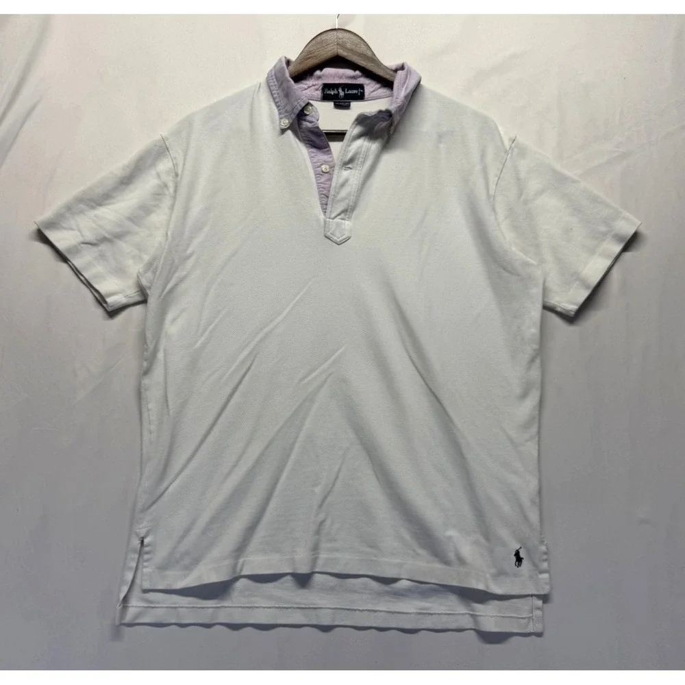 Ralph Lauren Polo Shirt Mens Large White Contrast Collar Cotton Logo Golf Tennis